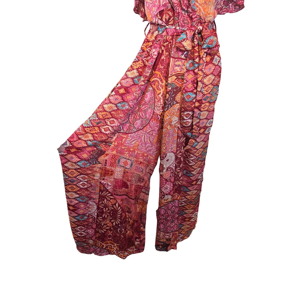 White Waves Boho Mixed Print Wide Leg Jumpsuit Open Back Tassel Burgundy S/M - Picture 6 of 15